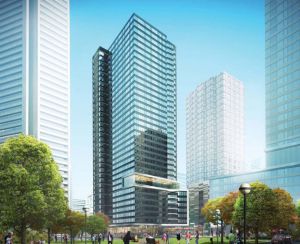 Renderings show developers' plans for a 35-story tower on the site of the Downtown Jersey City Pep Boys. This would be the view from the west. Renderings courtesy of Jersey City