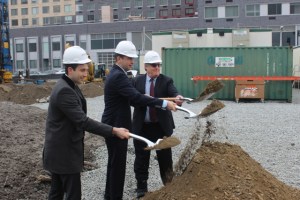 Casey Fisher of Fisher Development Associates, Jersey City Mayor Steven Fulop and Brian Fisher of Fisher Development Associates break ground to celebrate the start of construction of 33 Park Avenue, a new 44-story luxury rental building on the Gold Coast of downtown Jersey City.